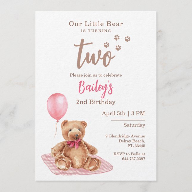 Little Bear Pink Any Age Birthday Invitation Inbjudningar (Framsida)