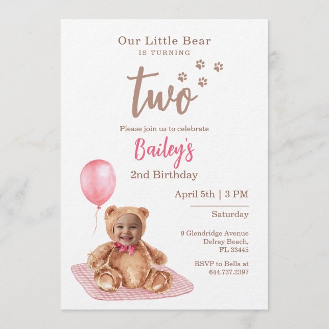 Little Bear Pink Any Age Birthday Photo Invitation Inbjudningar (Framsida)
