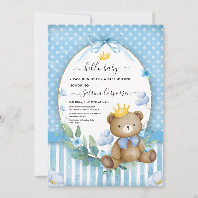 Little Bear Prince Blue-blomma Pojke Shower Inbjudningar (Framsida)