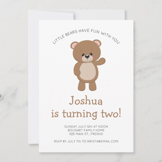 Little Bear Turding Two Woodland Second Birthday Inbjudningar (Framsida)