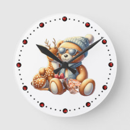 Little bear with fawn in arms winter Christmas Rund Klocka