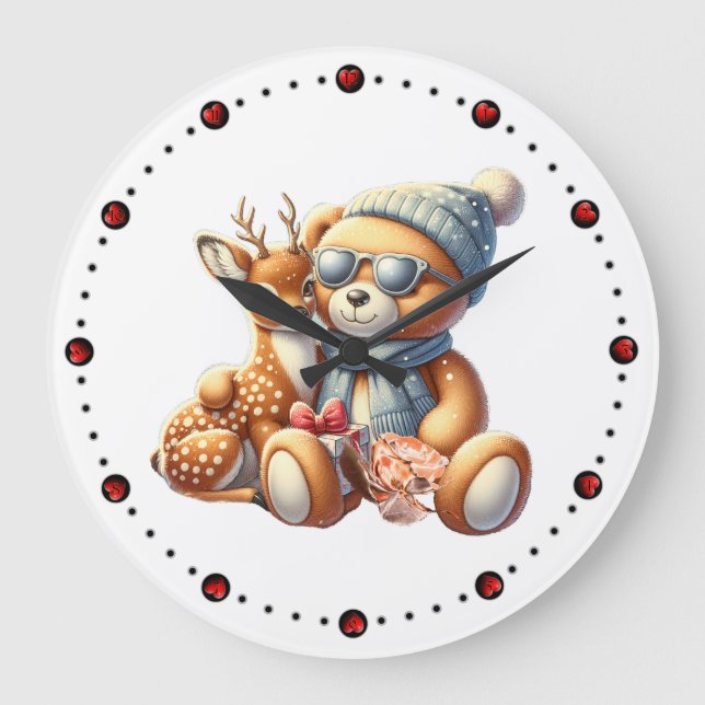 Little bear with fawn in arms winter Christmas Stor Klocka (Framsida)