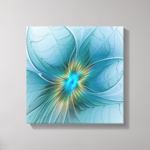 Little Beauty Modern Blue Guld Fractal Art Flower Canvastryck