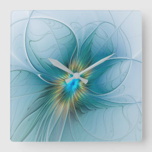 Little Beauty Modern Blue Guld Fractal Art Flower Fyrkantig Klocka