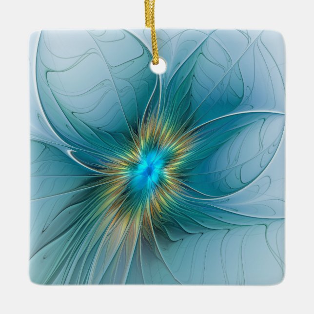 Little Beauty Modern Blue Guld Fractal Art Flower Julgransprydnad Keramik (Framsida)
