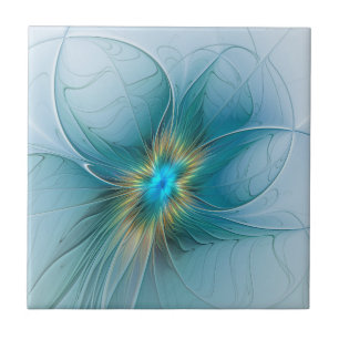 Little Beauty Modern Blue Guld Fractal Art Flower Kakelplatta