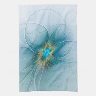 Little Beauty Modern Blue Guld Fractal Art Flower Kökshandduk