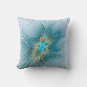 Little Beauty Modern Blue Guld Fractal Art Flower Kudde