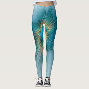 Little Beauty Modern Blue Guld Fractal Art Flower Leggings