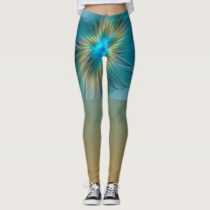 Little Beauty Modern Blue Guld Fractal Art Flower Leggings