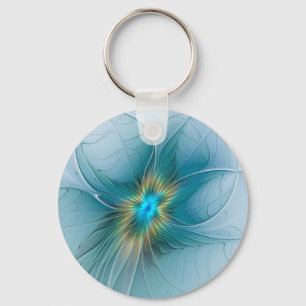 Little Beauty Modern Blue Guld Fractal Art Flower Nyckelring