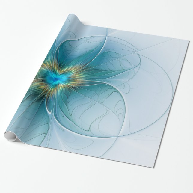 Little Beauty Modern Blue Guld Fractal Art Flower Presentpapper (Utrullad)