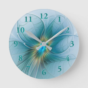 Little Beauty Modern Blue Guld Fractal Art Flower Rund Klocka
