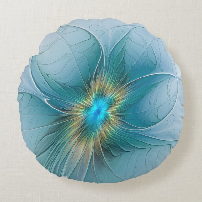 Little Beauty Modern Blue Guld Fractal Art Flower Rund Kudde (Framsidan)
