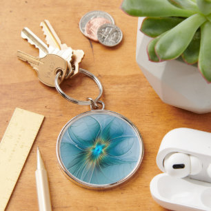 Little Beauty Modern Blue Guld Fractal Art Flower Rund Silverfärgad Nyckelring