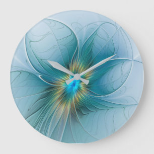 Little Beauty Modern Blue Guld Fractal Art Flower Stor Klocka