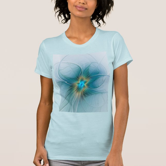 Little Beauty Modern Blue Guld Fractal Art Flower T Shirt (Framsida)