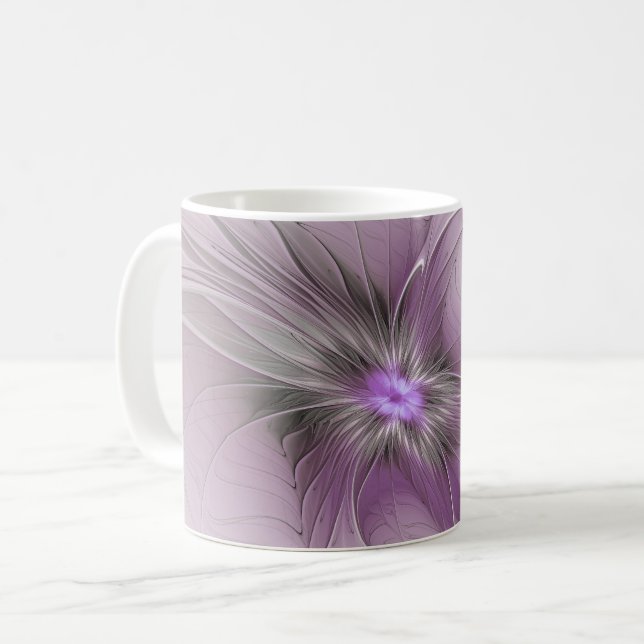 Little Beauty Modern Mauve Grått Fractal Art Flowe Kaffemugg (Framsida vänster)