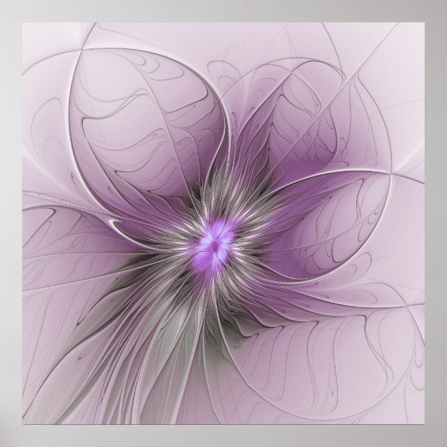 Little Beauty Modern Mauve Grått Fractal Art Flowe Poster (Framsidan)