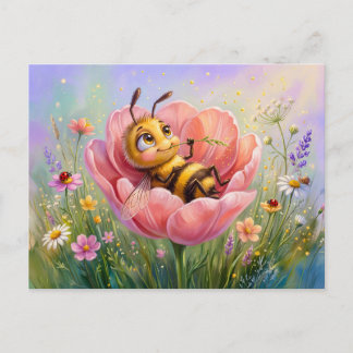 Little bee resting on flower among bright summer b vykort