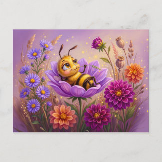 Little bee resting on flower with autumn dahlias vykort