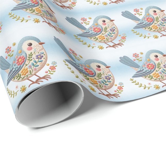 Little Bird Blommigt Blue Wrapping Papper Presentpapper (Rullad Hörn)