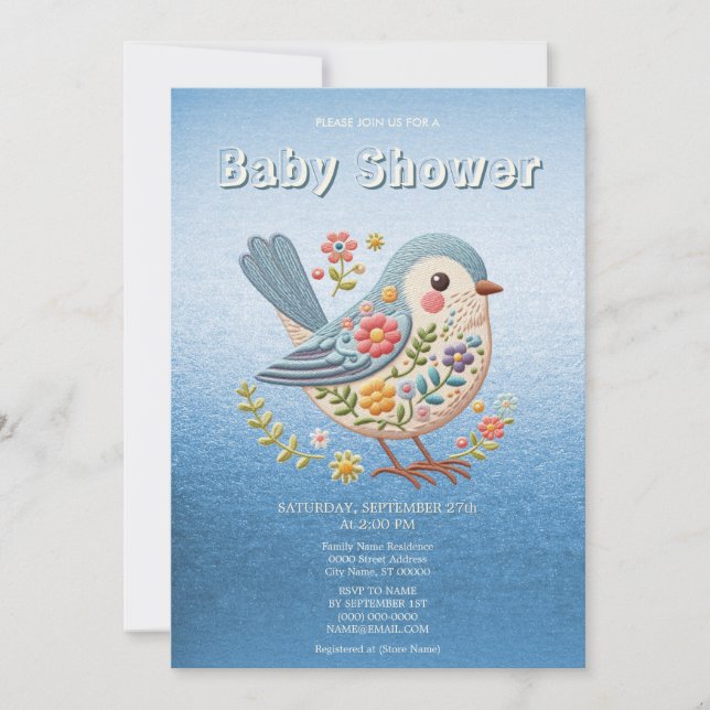 Little Bird Blommigt Embroidery Blue Baby Shower I Inbjudningar (Framsida)