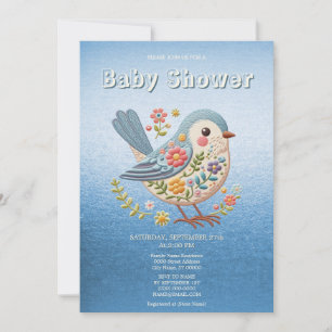 Little Bird Blommigt Embroidery Blue Baby Shower I Inbjudningar