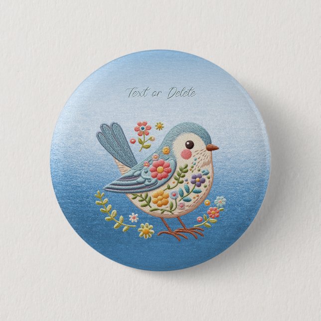 Little Bird Blommigt Embroidery Blue Button Knapp (Framsida)