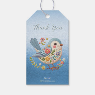 Little Bird Blommigt Embroidery Blue Gift Märkre Presentetikett