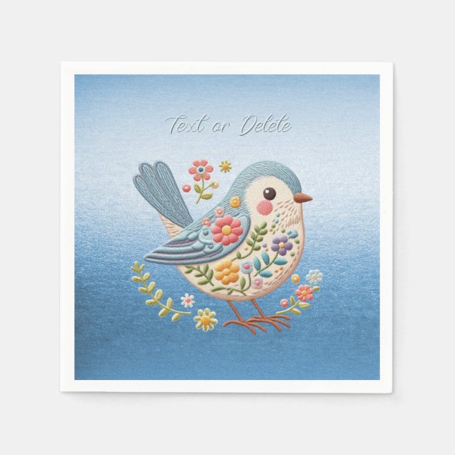 Little Bird Blommigt Embroidery Blue Napkins Pappersservett (Framsidan)