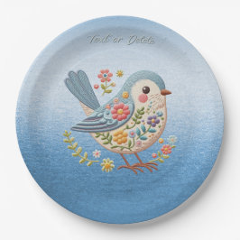 Little Bird Blommigt Embroidery Blue Papper Plate