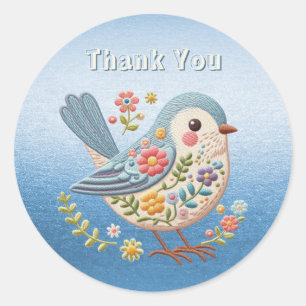 Little Bird Blommigt Embroidery Blue Sticker Runt Klistermärke