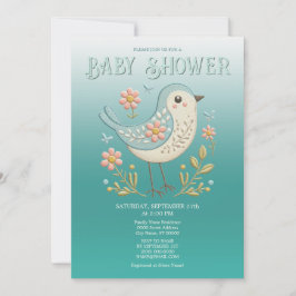 Little Bird Blommigt Embroidery Grönt Baby Shower Inbjudningar