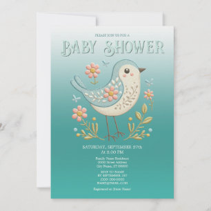 Little Bird Blommigt Embroidery Grönt Baby Shower Inbjudningar