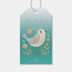 Little Bird Blommigt Embroidery Grönt Gift Märkre Presentetikett