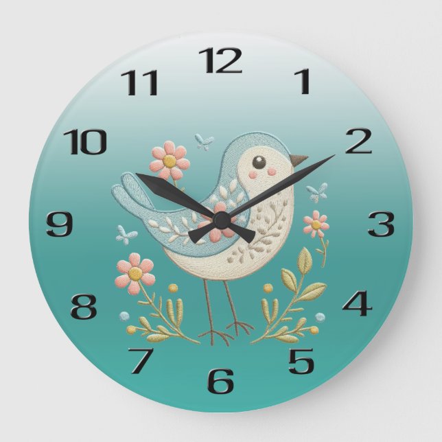 Little Bird Blommigt Embroidery Grönt Wall Clock Stor Klocka (Framsida)