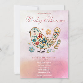 Little Bird Blommigt Embroidery Rosa Baby Shower Inbjudningar
