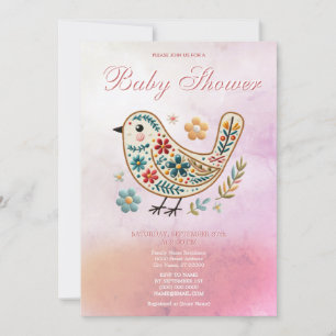 Little Bird Blommigt Embroidery Rosa Baby Shower Inbjudningar