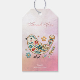 Little Bird Blommigt Embroidery Rosa Gift Märkre Presentetikett