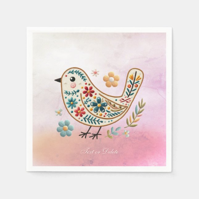 Little Bird Blommigt Embroidery Rosa Napkins Pappersservett (Framsidan)