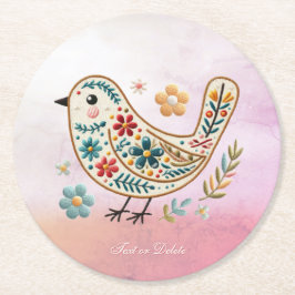 Little Bird Blommigt Embroidery Rosa Papper Underl Underlägg Papper Rund