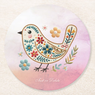 Little Bird Blommigt Embroidery Rosa Papper Underl Underlägg Papper Rund