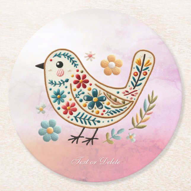 Little Bird Blommigt Embroidery Rosa Papper Underl Underlägg Papper Rund (Framsidan)