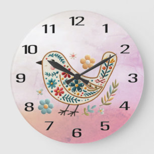 Little Bird Blommigt Embroidery Rosa Wall Clock Stor Klocka