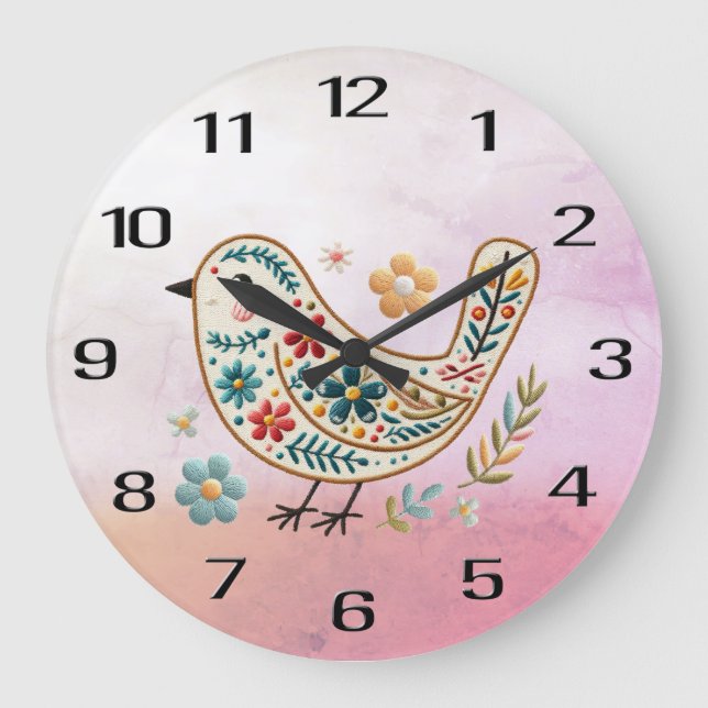 Little Bird Blommigt Embroidery Rosa Wall Clock Stor Klocka (Framsida)