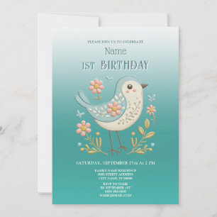 Little Bird Blommigt Grönt Födelsedagsfest inbjuda Inbjudningar