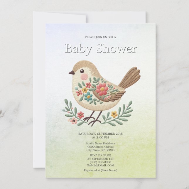 Little Bird Blommigt Guld Baby Shower Inbjudningar (Framsida)