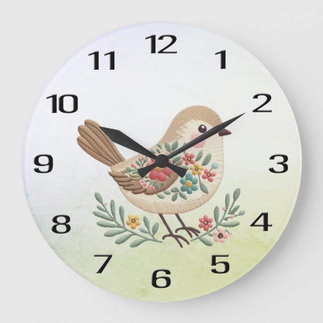 Little Bird Blommigt Guld Wall Clock Stor Klocka (Framsida)