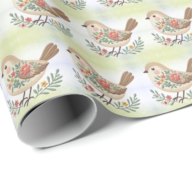 Little Bird Blommigt Guld Wrapping Papper Presentpapper (Rullad Hörn)